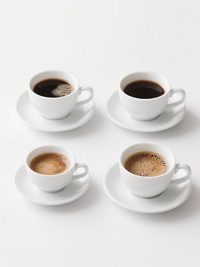 四个规整排布的写实风格咖啡杯白底素材，每个咖啡杯造型样式各异，均为白色陶瓷材质，搭配白色杯碟，杯中盛有表面带有细密棕褐色泡沫和深色咖啡液的咖啡，保持柔和明亮的光影效果、清晰的质感表现和简洁的画面构图，纯色白色背景，无任何文字、logo及水印元素。