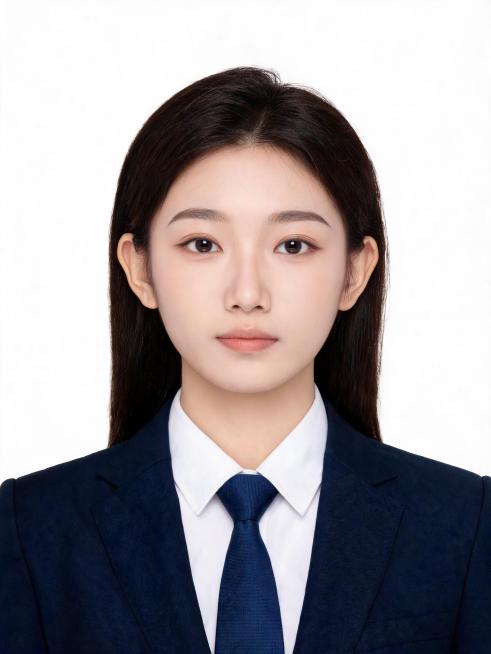 亚洲年轻女生，年龄20到30岁左右，正面免冠标准商务证件照，胸部以上胸像构图，人物居中端正，双肩平齐，平视镜头，表情自然平和，露出双耳与眉毛。身穿剪裁合身的藏青色正装西装外套，内搭挺括纯白色正装衬衫，预览效果