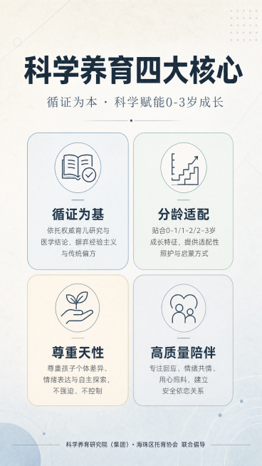 设计一张科学育儿科普海报，适合讲座背景和社区科普。采用极简四宫格规整排版，每个模块搭配简约图标，整体规整干净，学术感和专业度强。排版从上至下：顶部超大大字主标题"科学养育四大核心"，中部中字副标题"循预览效果