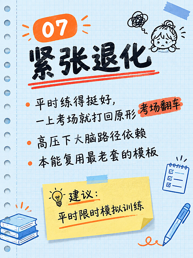小红书笔记内页图，手账拼贴学习风，版式精美，小红书笔记封面质感。浅蓝色笔记纸网格纹理底，带左侧打孔线，学习备考氛围。画面顶部有橙色圆角标签写着「07」，下方大标题粗黑体写着「紧张退化」，标题下方有一条红色手绘下划线。正文区域用黑色手写体风格文字呈现：「平时练得挺好，一上考场就打回原形」「高压下大脑路径依赖」「本能复用最老套的模板」，关键词「考场翻车」用橙红色高亮色块标出。底部有一个黄色便签贴纸写着「建议：平时限时模拟训练」。整体风格与封面保持一致：笔记纸、马克笔、便签、手绘元素。画质：高清细腻，信息层级清晰，文字完整处于安全区内不可裁切，四周留安全边距。画面比例 3:4，4K。