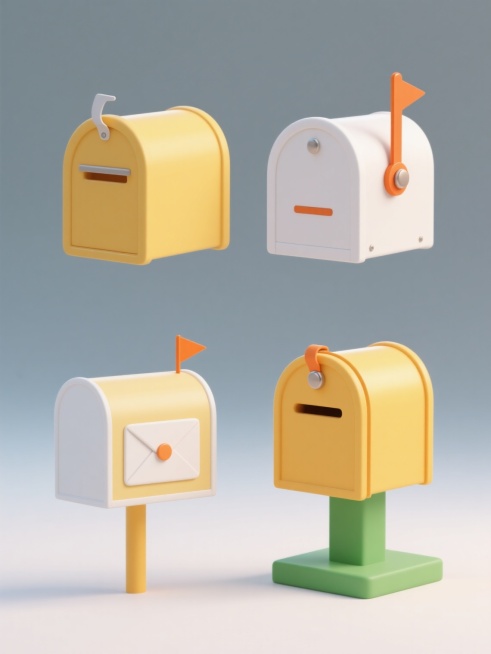 4个完全不同造型的邮箱元素内容的系列素材集合，规整排布，3D渲染风格，黄色主体邮箱，白色信封，橙色旗帜和旋钮，绿色底座，白色背景，平滑渐变质感，柔和光影，简洁现代设计，无文字信息预览效果