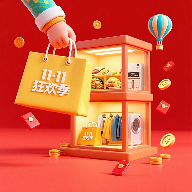 画面内容是一只手提着巨型黄色购物袋。购物袋边上设计成双层橱窗形式，展示着食品、服饰、电器等产品。袋子上印着“11·11 狂欢季”，周围环绕着金币、红包、热气球等元素。电商红色背景