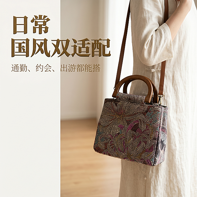 严格还原上传的织锦花卉手提包产品，包括织锦花卉图案、原木手柄、复古配色等所有细节，产品比例 1:1。整体为低饱和复古国风杂志风，场景为极简原木风室内，产品斜挎于身着米白色新中式连衣裙的女性身侧（仅展示局部穿搭，突出包包与服装的适配感），自然光柔和营造日常氛围感。画面左上区域为主标题“日常 / 国风双适配”，烫金质感加粗新中式字体；副标题“通勤、约会、出游都能搭”，米白色纤细字体，位于主标题下方。采用杂志式左对齐排版，左侧留白，右侧为场景画面，无多余杂乱元素，高清 8K 画质，突出百搭属性。负面提示词：人物面部入镜、画面杂乱、多余杂物、产品变形、颜色偏差、饱和度太高、光线过曝、排版拥挤、风格割裂、水印、穿搭违和