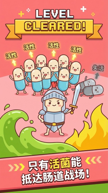 核心1 - “活菌部队”概念图

画面描述：一个可爱的胶囊状“小战士”（拟人化益生菌）身穿铠甲，面对一道由胃酸（绿色液体波浪）和胆汁（黄色火焰）组成的“关卡”。小战士身后有一群同类，部分战士身上标注“预览效果