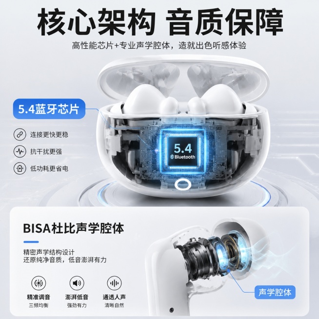 [主图-3] 蓝牙耳机核心技术结构展示页
[氛围风格] 科技清晰风，通透干净
[画质] 商业科技摄影，结构清晰，细节锐利，产品真实
[元素] 中心展示白色蓝牙耳机充电仓剖面透视示意图，展示内置5.4蓝预览效果