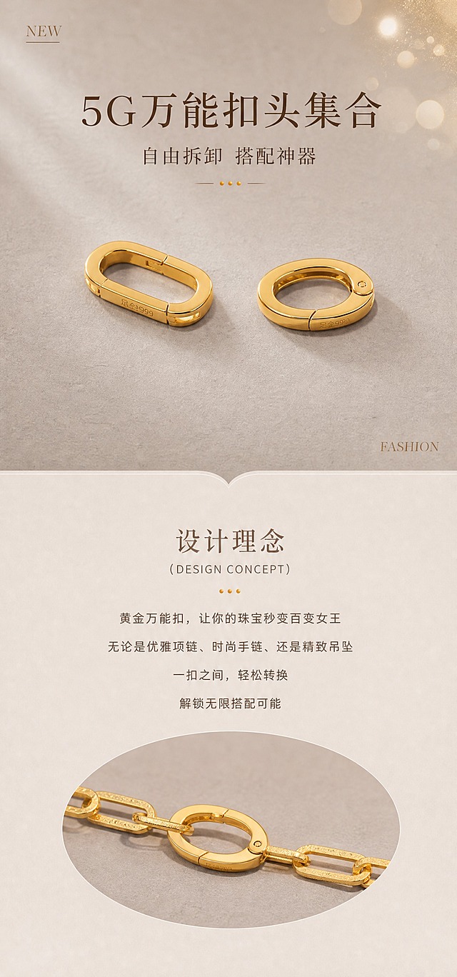 [商品] 使用【图4】两款黄金万能扣并排图（左长方型、右蛋形亮面）；保留两款扣的原始造型、尺寸比例、孔径、厚度、足金999钢印、亮面金属肌理，不改变结构形态，严格还原足金原色。
[画面] 页面目标：首屏氛围头图+设计理念，建立轻奢高级第一印象，设计理念区域充分舒展。构图：上下分屏，上半部分产品主视觉占画面40%，两款扣居中偏上放置，顶部左上角小字NEW，右上角金色光斑装饰；下半部分设计理念区域占画面60%，充分留白舒展，居中排版，底部配椭圆形裁切的小场景图（从图2提取蛋形扣扣链细节），椭圆图尺寸放大。阅读动线：从上到下，先看产品再读理念。背景：暖灰米色细腻肌理，与原图背景一致，严禁过曝发白。
[视觉] 套系策略：风格=轻奢珠宝商业摄影风；标题字=优雅衬线体（宋体类）；正文字=简洁无衬线体；主色=暖灰米色；背景延展=基于暖灰米色做深浅层级、细腻纸张/肌理质感；强调色=足金色，仅用于小面积装饰光斑和分隔点；标题色=深棕色#5C3A1E；正文色=中暖棕色；组件=圆角浅米色信息卡、点状分隔符、细引线；光影=左前侧45°暖柔光，柔和漫反射，阴影边缘虚化，突出黄金温润质感，禁止过曝高光、禁止死黑阴影。
[文字] 上半部分居中：主标题「5G万能扣头集合」（大号深棕衬线体），副标题「自由拆卸 搭配神器」（中号），右下角小字「FASHION」。下半部分居中：标题「设计理念（DESIGN CONCEPT）……」，正文四段居中，行间距加大「黄金万能扣，让你的珠宝秒变百变女王 / 无论是优雅项链、时尚手链、还是精致吊坠 / 一扣之间，轻松转换 / 解锁无限搭配可能」。文字不遮挡产品主体，设计理念区域整体留白充足，不拥挤。
[规格] 宽度850px，高度约1800px（约1:2.12），分辨率2K，负向提示：禁止产品变形、禁止改结构、禁止发白过曝、禁止死黑阴影、禁止冷蓝背景、禁止文字竖排、禁止遮挡产品、禁止水印、禁止极限词。