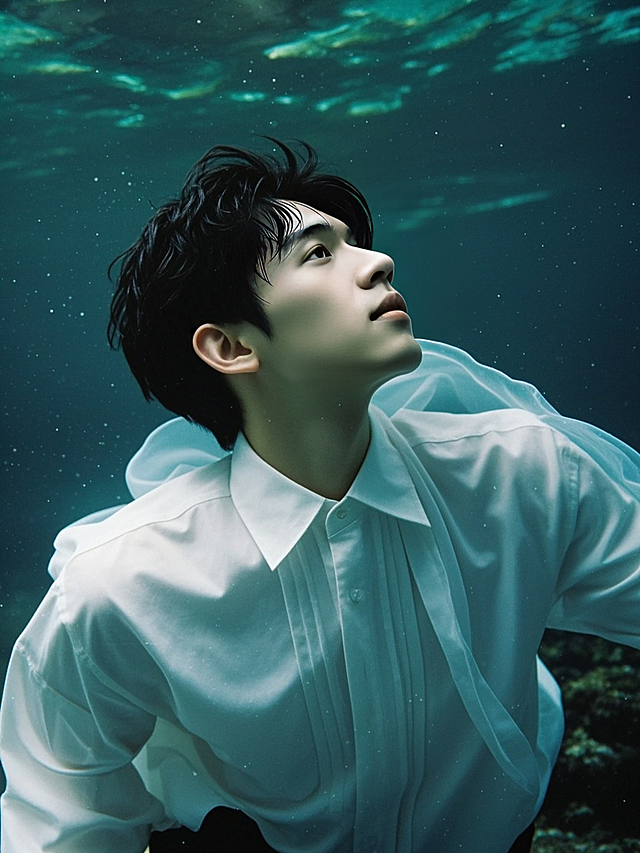 一个男生在深海之中，身穿白衬衫，仰头，忧郁感，粒子颗粒装饰，以蓝色调和黑色调为主
