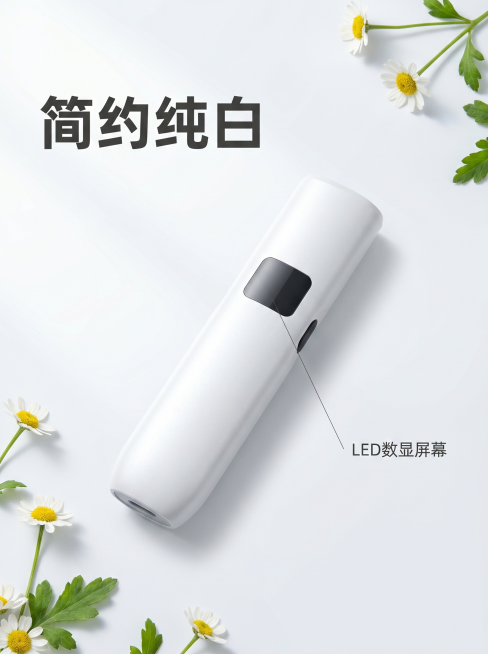 [主图 4] 白色款电子烟杆单品主图
[氛围风格] 清新春夏自然风格，清爽通透质感
[画质] 商业摄影质感，光线柔和通透，产品清晰真实，画面干净高级
[元素] 白色款电子烟杆斜置居中摆放，产品保持原有预览效果