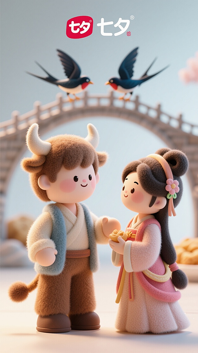 七夕主题，3D卡通拟人风，中式服饰浪漫唯美，双燕桥上呼应，营造温馨氛围。