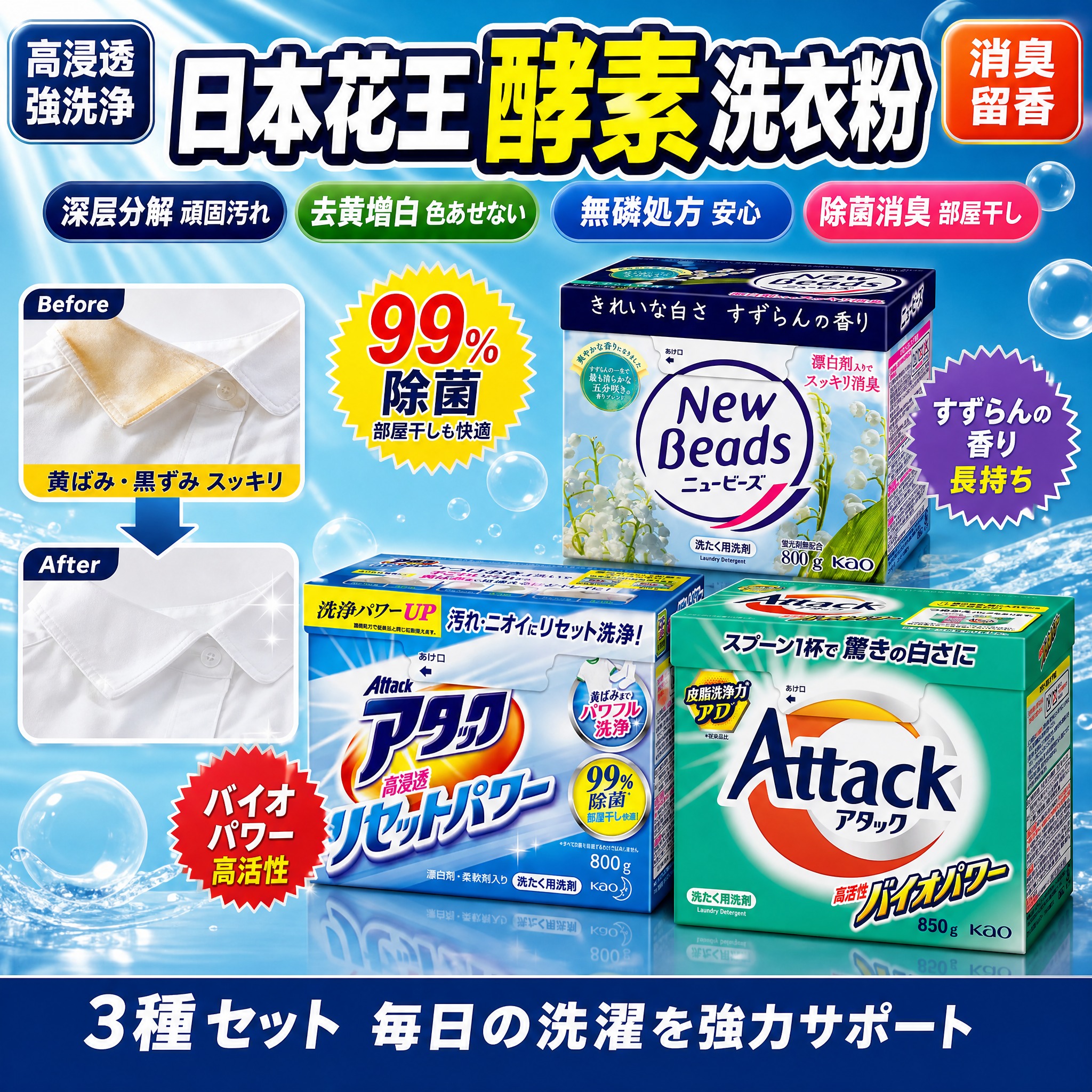 [单张主图] 日本花王酵素洗衣粉三款组合（Attack 高活性… - 图片创意预览