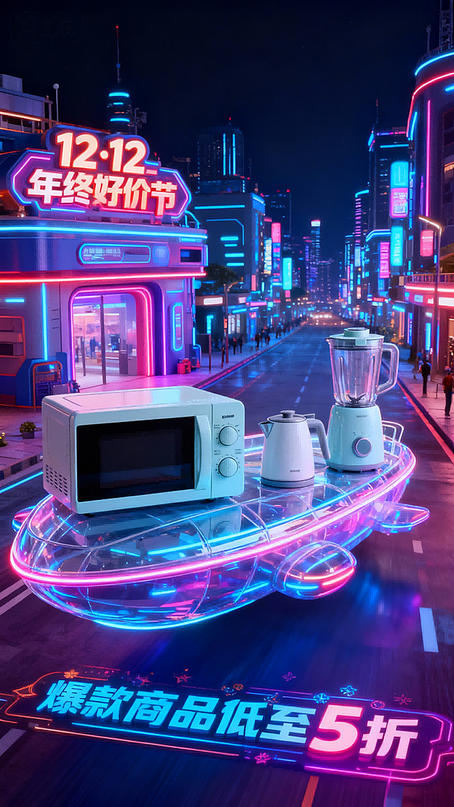 街道上停着透明霓虹飞船，图中商品位于飞船上（巨大化位于画面前景），街道左侧为“12·12 年终好价节”主题建筑，地面装饰文字“爆款商品低至5折”，3D都市夜景，营造出热烈的促销氛围。