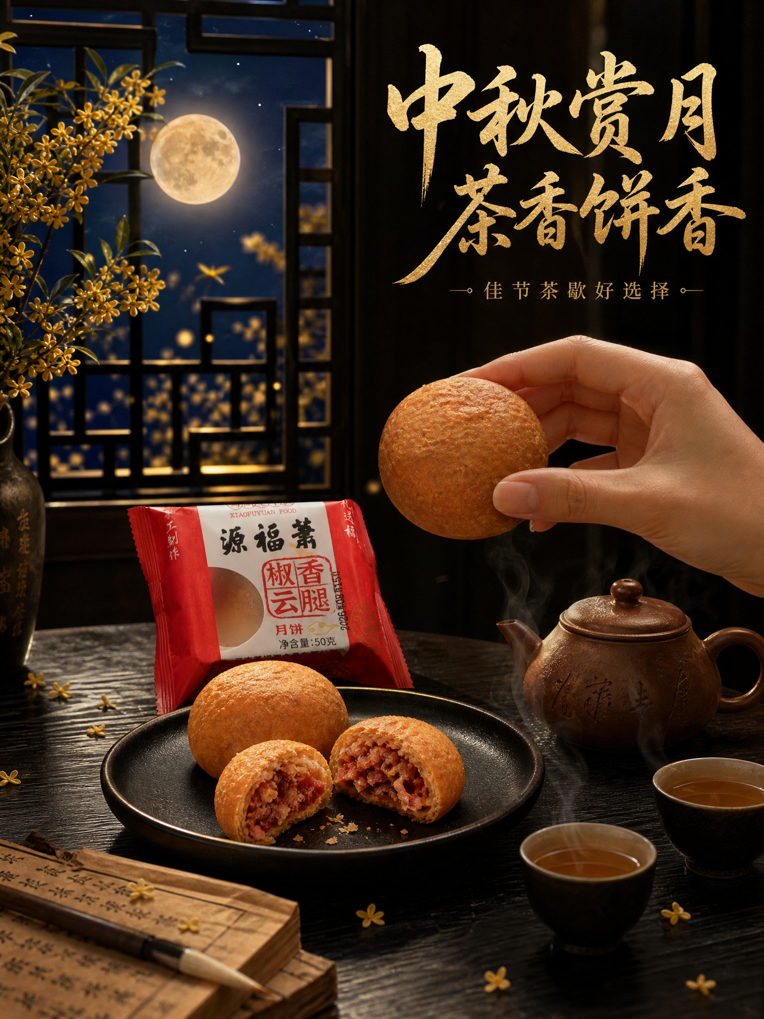 萧福源椒香云腿月饼中秋茶歇场景详情页，黑金配色中国风高端。场景… - 图片创意预览