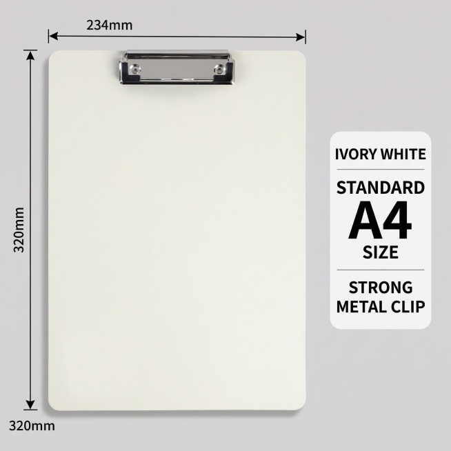 莫兰迪色A4文件夹板夹尺寸规格详情图，画面展示象牙白板夹，标注清晰的英文尺寸标注"234mm × 320mm"，突出"STANDARD A4 SIZE"字样，背景为低饱和度浅灰色，产品严格按照原图样式预览效果