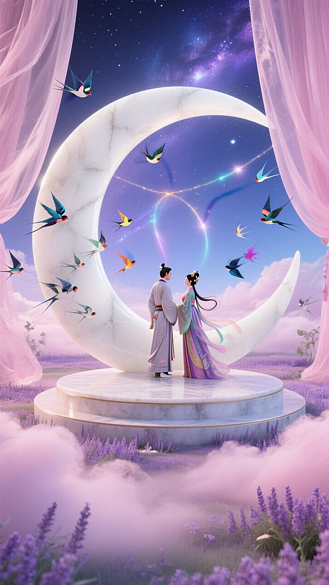 梦幻3D风，情侣在超现实月环中相拥，彩色飞鸟环绕，浪漫唯美，如虚拟现实般奇幻。