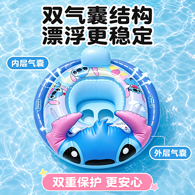 [主图-14] 双气囊结构 水上漂浮更稳定 安全升级
[统一基调] 拼多多风格 大字直白 软萌可爱 浅蓝色主色 粉色辅助色 圆润黑体标题 圆角胶囊标签 干净明亮背景
[画面] 坐圈俯视图展示 用不同颜色区分内外双气囊结构 配气流示意图标 展示双层保护 背景为浅蓝色水面 坐圈漂浮在水面上 稳定平衡状态
[光影质感] 商业摄影质感 俯视角度清晰 水面反光 产品漂浮稳定
[配色] 主色天空蓝 内层气囊浅蓝 外层气囊深蓝 结构线白色 背景水面蓝
[文字版式] 顶部大标题"双气囊结构 漂浮更稳定" 两个标注"内层气囊""外层气囊" 底部标签"双重保护 更安心" 圆润粗黑体
[输出要求] 1:1比例 2048px 产品清晰 结构示意清楚 文字可读 无变形 无错字 无水印 无平台Logo