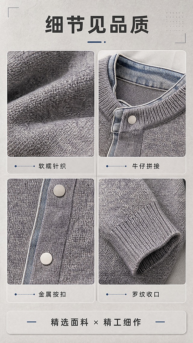 [商品] 使用【图1】灰色假两件牛仔拼接立领针织开衫；商品处理：保留针织纹理、牛仔拼接面料、金属按扣、缝线、罗纹收口细节；放大展示时增强面料纹理质感、金属扣高光和缝线清晰度，不改变材质和颜色。
[画面] 目标：面料与工艺细节页，展示品质感。构图：竖版9:16，2×2宫格布局展示4个细节特写：左上针织面料微距、右上牛仔立领拼接处、左下金属按扣细节、右下罗纹袖口收口。宫格之间有细灰线分隔，底部放总结文案。产品细节占每格约80%，背景为浅灰质感底。
[视觉] 套系策略：风格=韩系松弛感轻熟风商业摄影；标题字=现代简约无衬线粗体；正文字=纤细无衬线体；主色=高级灰；背景延展=基于暖灰做深浅层级、同色渐变和细腻水泥/纸张质感；强调色=牛仔蓝，仅用于小面积图标、引线和标签点缀；标题色=深炭灰；正文色=中暖灰；组件=细线引线、圆角浅灰信息卡、极简几何装饰；光影=左前侧柔和自然光，暖调。
[文字] 顶部主标题「细节见品质」，每个宫格下方配1个短标签：软糯针织 / 牛仔拼接 / 金属按扣 / 罗纹收口。底部一行总结文案：精选面料 × 精工细作。文字全部横向排版，字号适中手机端清晰可读。
[规格] 图片比例9:16竖版，4K分辨率，避免变形、错字、文字过小、冷蓝背景、面料颜色改变、材质失真、极限词。