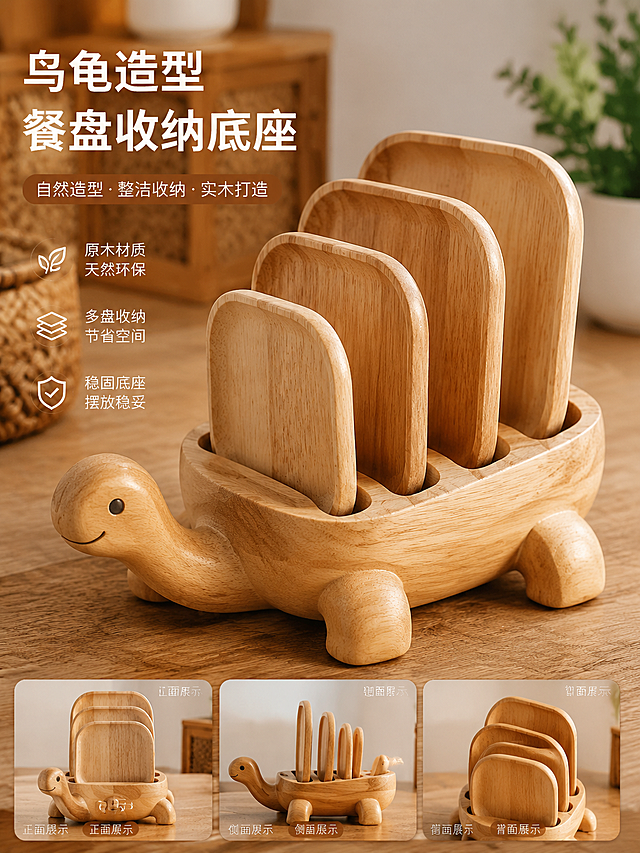 设计一个实木乌龟造型的餐盘收纳底座，乌龟的壳上开出4个大小依次递增的长条凹槽，凹槽尺寸刚好对应4把大小不同的木质餐盘，可以完美将餐盘嵌入收纳，整体为原木材质，自然创意，产品展示图