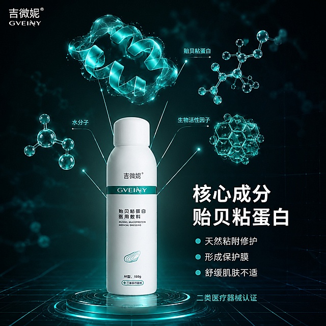 [主图-2] 贻贝粘蛋白核心成分解析图
[氛围风格] 科研医学感 微观分子可视化 纯净专业
[画质] 超高清3D渲染质感 分子结构精细 画面通透有层次
[元素] 画面中心偏下位置展示产品瓶身 占画面约40% 产品上方悬浮多个3D分子结构模型 包括螺旋状蛋白分子 球形水分子 六边形生物结构 分子呈现半透明青绿色 有发光效果 用细白线从分子指向产品瓶身 表示成分来源 背景为深青绿色到黑色的渐变 带有微弱的网格线科技感底纹 画面左上角有吉微妮品牌小Logo 整体呈现硬核科研医学感
[光影] 分子结构自身发光作为主光源 青绿色冷光 瓶身受分子光照亮正面 背景暗调突出分子和产品 光线有科技感 明暗对比强烈但不过曝
[配色] 主色调深青绿色 科技蓝绿色 辅助色白色 透明质感 整体冷色调 专业医学感
[视角构图] 微仰视角度 产品在下方 分子在上方悬浮 形成上下构图 景深较大 分子有前后层次 部分虚化增加空间感
[文字版式] 右侧负空间排版成分说明文字 大字标题"核心成分 贻贝粘蛋白" 白色粗体无衬线 字号最大 下方三行小字号说明 每行前有青绿色小圆点 分别为"天然粘附修护""形成保护膜""舒缓肌肤不适" 白色细体 左对齐 底部标注"二类医疗器械认证" 青绿色小字 文字均不遮挡产品主体
[输出要求] 1:1比例 文字清晰可辨 超高清3D渲染质感
[负向提示词] 变形 文字错乱 产品图模糊 背景杂乱 水印 电商平台Logo 多余的手 畸形手