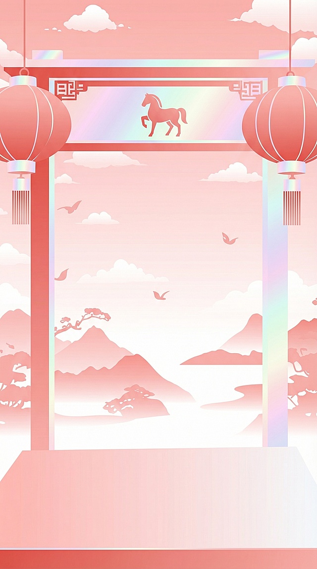 Adjust the image to a minimalist, modern style while retaining Chinese New Year details and the horse motif. Adjust the color tone to a pastel red gradient alternating with white, and add a subtle holographic effect to blend seamlessly with the image.
