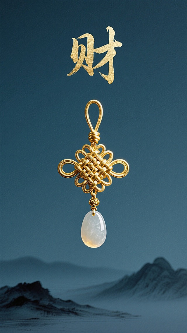 手机壁纸，极简主义，画面中心一个精致的金色中国结，下面悬挂着一枚光滑的玉坠。背景是质感丰富的深青色，底部有微弱的水墨感山峦轮廓。顶部有金色的“财”字书法。禅意，宁静，金色点缀，大量留白。