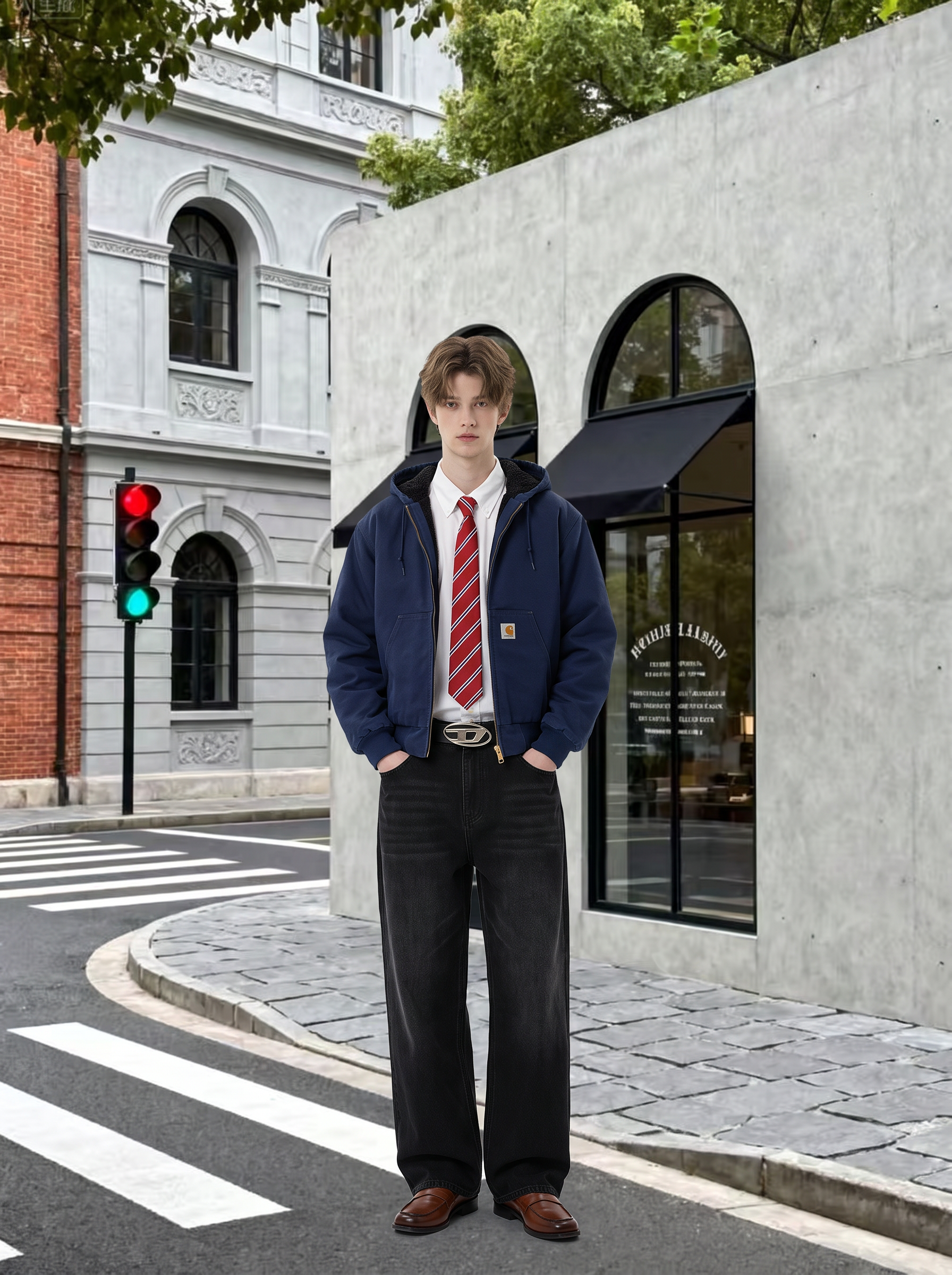请将参考图1的【整套服装：藏蓝色连帽外套、白色衬衫、红白条领带… - 图片创意预览
