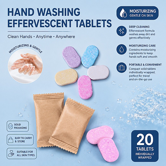 Hand washing effervescent tablets, product main image for 1688 Alibaba International Station, all English text, keep the original product style and packaging unchanged, highlight selling points: moisturizing, cleaning, portable solid packaging, 1:1 square commercial product image, simple and clean style suitable for e-commerce
