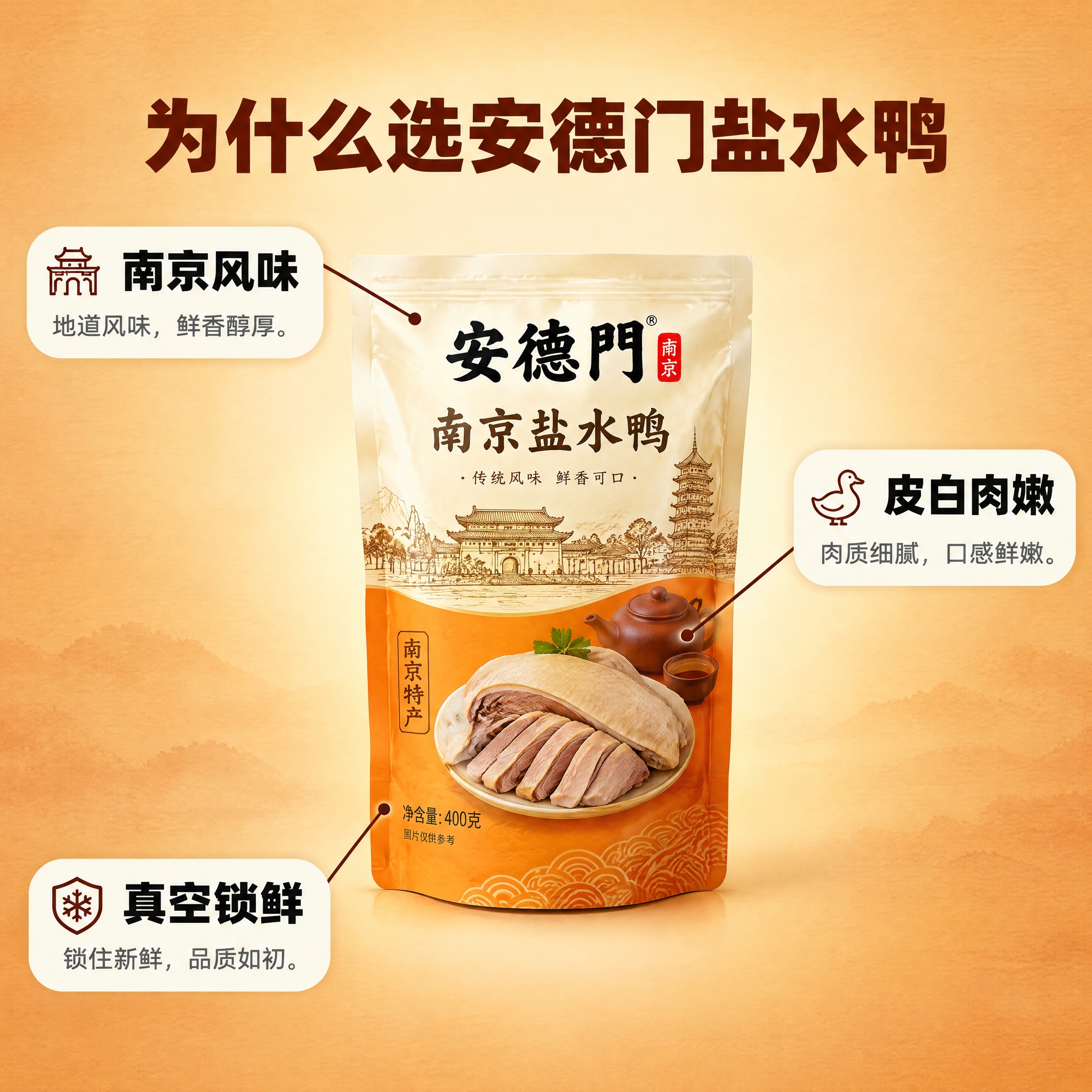 [商品] 使用【图1】安德门南京盐水鸭袋装产品；保留包装袋结构… - 图片创意预览