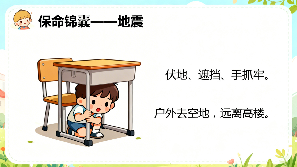PPT页面，标题为"保命锦囊——地震"，左侧是小朋友躲在课桌下，抓牢桌腿的卡通插图，右侧文字为"伏地、遮挡、手抓牢。户外去空地，远离高楼。"，风格童趣可爱预览效果