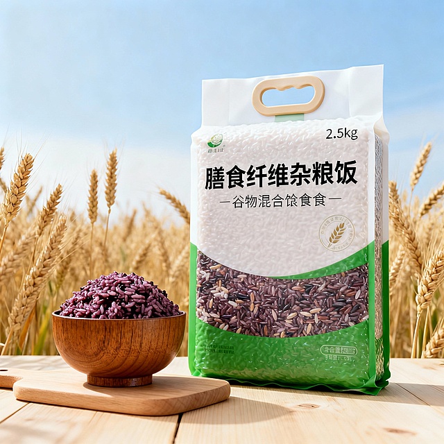 商业产品摄影，低角度仰视视角；主体是一袋 2.5kg 装的 “膳食纤维杂粮饭” 谷物混合主食原料，包装为上白下绿配色，带手提扣。左边放置一个装满煮好的紫红色杂粮饭的木碗，置于浅木色砧板和浅色木质桌面上。背景是清晰的麦穗，浅蓝渐变天空，整体场景画面采用明亮柔和的自然光，营造健康、天然、清新的氛围，色调温暖舒适，细节丰富，具有食品广告级质感，8K 高清，超写实风格。