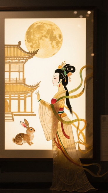 现代画展，嫦娥停留在一副画前停留（画上有一个大月亮，月亮里面一个宫殿和小兔子），画篇幅在嫦娥上半身，现代艺术氛围预览效果