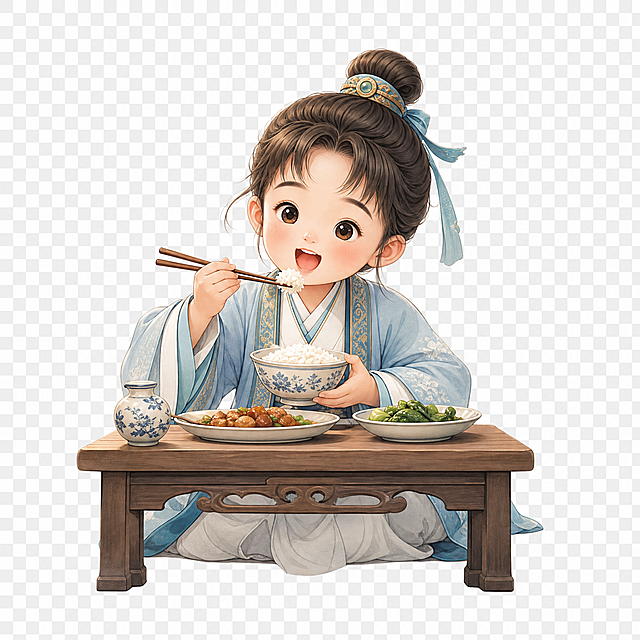 一个可爱的中国古代小孩，穿着传统汉服古装，正坐在小桌子前用筷子吃饭，表情天真可爱，动作自然，画面主体完整，透明背景，PNG素材风格，高清细腻，中国风插画风格
