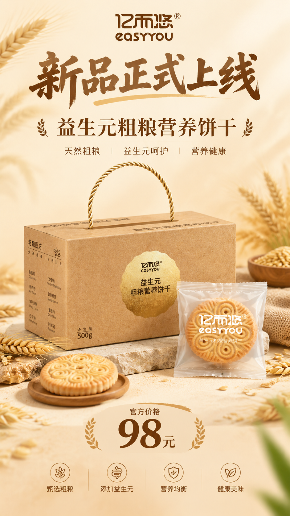为亿而悠益生元粗粮营养饼干新品正式上线制作宣传海报，竖版9:1… - 图片创意预览