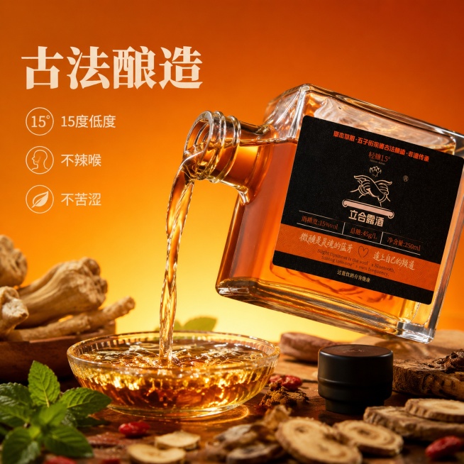 [主图-2] 立合露酒核心品质展示图。[氛围风格] 年轻化通透质感。[画质] 商业摄影质感，光线柔和通透，产品清晰真实，画面干净高级。[元素] 立合露酒斜侧45度展示，瓶身酒液倾倒出琥珀色酒液，呈现动预览效果