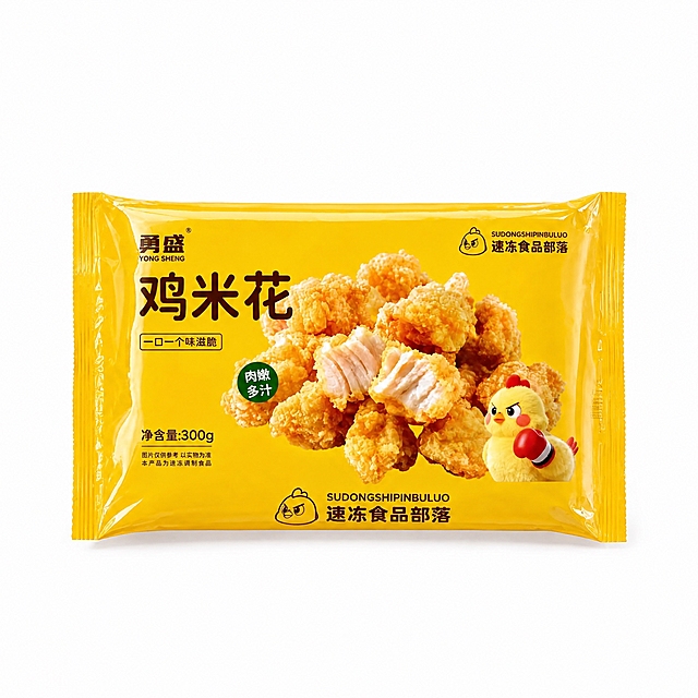 参考最后一张实拍图的布局和比例，调整这张鸡米花正面包装图：1. 包装袋长宽比例调整为长25cm宽15cm（约5:3横向长方形），与最后一张实拍图一致；2. 包装袋在画面中的大小和留白参考最后一张实拍图，上下左右留出合适的白色背景空间，不要太满；3. 保持包装袋上所有文字、图案、鸡米花实物图、小黄鸡形象等内容完全不变；4. 保持黄色包装袋的塑料质感和光影效果不变；5. 图片整体尺寸保持不变，白色背景不变。