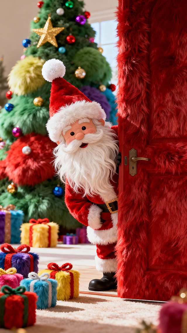 3D卡通风格圣诞场景，毛发生长质感的圣诞老人探出红绒门，搭配面料风礼物与彩球装饰树，营造温馨喜庆氛围。