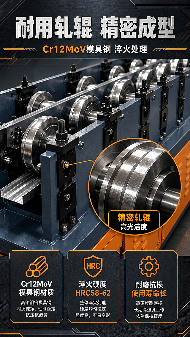 [商品] 使用【图1】C型钢冷弯成型机；重点展示中部轧辊组区域；保留轧辊金属光泽、多组排列、黑色机架固定结构等特征；放大轧辊局部细节，清晰展示轧辊金属材质与精密加工表面；不改变设备结构比例。
[画面] 目标：证明耐用轧辊材质与工艺，突出Cr12MoV模具钢、淬火HRC58-62硬度。构图：中部轧辊组特写占画面60%，用圆形放大框突出单个轧辊表面质感；上下分布信息卡与标题；背景为深灰金属纹理。
[视觉] 套系策略：风格=工业风重型机械商业摄影；标题字=粗黑无衬线工业字体；正文字=简洁无衬线体；主色=深灰蓝+工业橙；背景延展=深灰到炭黑渐变、金属拉丝纹理、工业几何线条；强调色=亮橙色，仅用于图标、引线、标签和重点数字高亮；标题色=白色+橙色点缀；正文色=浅灰白；组件=深色信息卡、橙色图标、细线引线、工业风分割线；光影=侧逆光勾勒轧辊金属轮廓与高光，体现硬度与精密感。
[文字] 顶部主标题「耐用轧辊 精密成型」，副标题「Cr12MoV模具钢 淬火处理」；下方三个信息点：「Cr12MoV模具钢材质」「淬火硬度HRC58-62」「耐磨抗损 使用寿命长」；圆形放大框旁标注「精密轧辊 高光洁度」。
[规格] 图片比例9:16竖版，4K分辨率，负向提示：避免变形、错字、文字过小、设备结构缺失、颜色偏差、卡通风格、模糊、水印、二维码、竖排文字。