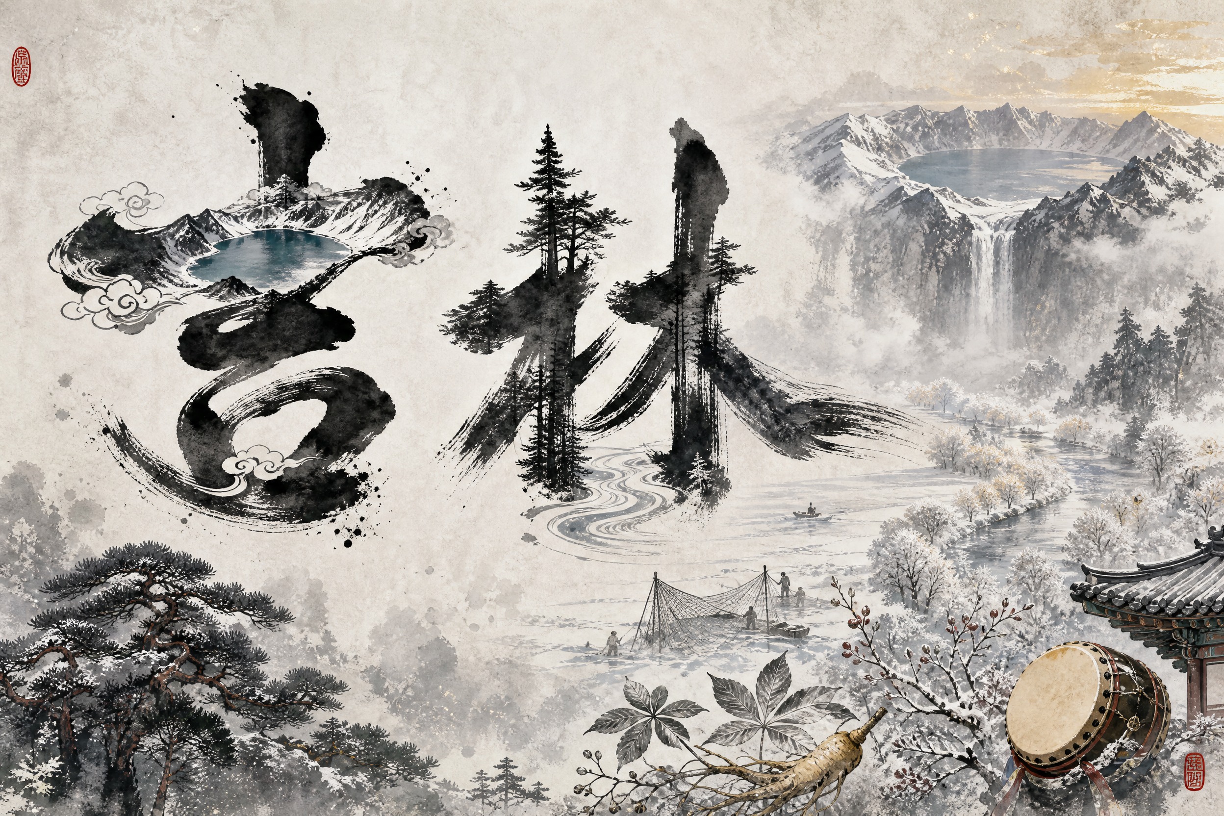 吉林省水墨风海报，横版宽幅3:2构图，宣纸纹理背景，东方美学，… - 图片创意预览
