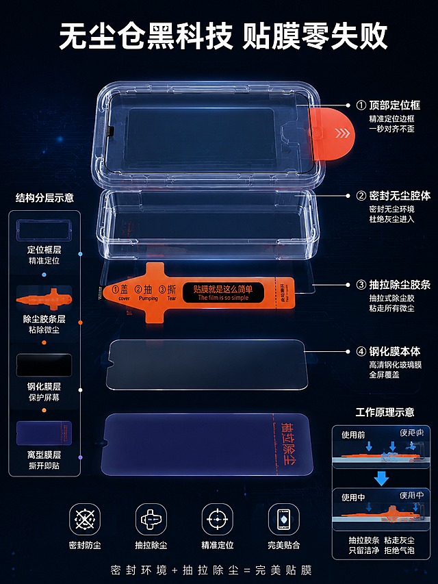 [第4屏] 核心技术-无尘仓结构拆解与贴膜原理透视。本屏使用【图1】作为产品主体进行结构透视。
[氛围/风格] 深色科技风，结构爆炸/剖面型，精密专业，实验室质感，商业摄影质感。
[元素布局] 画面中央展示无尘仓钢化膜的剖面透视结构，透明无尘仓外壳半透明化，内部各层结构清晰分离展示，呈轻微爆炸展开状态。用白色引线和标注指示四个核心结构：1. 顶部定位框（标注"精准定位边框 一秒对齐不歪"）；2. 密封无尘腔体（标注"密封无尘环境 杜绝灰尘进入"）；3. 抽拉除尘胶条（橙色，标注"抽拉式除尘胶 粘走所有微尘"）；4. 钢化膜本体（标注"高清钢化玻璃膜 全屏覆盖"）。画面左侧有结构分层示意，从上到下：定位框层、除尘胶条层、钢化膜层、离型膜层。画面右侧有工作原理箭头示意：灰尘被胶条粘走的路径。背景为深蓝色科技背景，带有淡淡的电路纹理和光点。保持产品外观结构与输入产品图绝对一致。
[光影质感] 主光从正前方偏上照射，突出结构层次；剖面边缘有高光勾勒，增强立体感；各结构层之间有柔和阴影，区分层次；整体光线精准专业，有科技实验室质感。
[配色色系] 全局底色 #0A1628（深蓝黑）；结构线白色；标注文字白色；点缀色橙色（除尘胶条）、淡蓝色（科技光效和路径箭头）、淡紫色（紫光层示意）。
[视角构图] 正面平视略偏侧，主结构居中，左右两侧分布辅助信息，构图均衡，视觉重心在中央剖面结构。
[文字版式] 顶部主标题"无尘仓黑科技 贴膜零失败"，白色大号粗体无衬线字体，居中。结构标注用白色细线引出，文字为白色小号无衬线字体，清晰可读。左侧分层结构标注用对应颜色文字。右侧原理箭头配白色说明文字。底部一行小字"密封环境+抽拉除尘=完美贴膜"，白色小号字体居中。所有文字放在负空间，不遮挡核心结构。
[比例分辨率] 3:4竖版比例，4K分辨率，文字清晰可辨，高清画质。
[负向提示词] 变形，水印，文字错乱，文字过小，缺件错件，结构错误，颜色偏差，产品图模糊，背景杂乱，电商平台Logo。