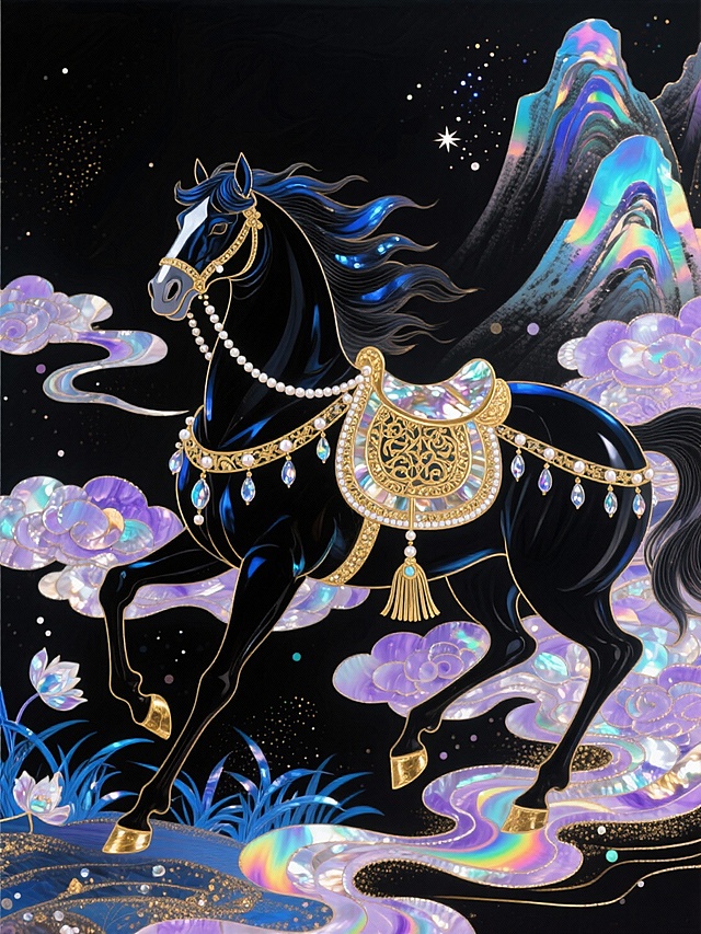 主体是饰有金纹华丽鞍具与珍珠镶边缰绳的墨黑骏马（鬃毛如墨染，泛着幽蓝迷幻微光，四蹄踏碎金色云影，呈奔腾姿态，鞍具缀水晶流苏）。背景为黑色基底，融入迷幻意识流水墨山水，山峦扭曲流转，荧光蓝兰草从地面蔓延，花瓣与云气交织成流动光带，搭配淡紫星云光斑，整体光影朦胧，国风与迷幻感碰撞交融。
