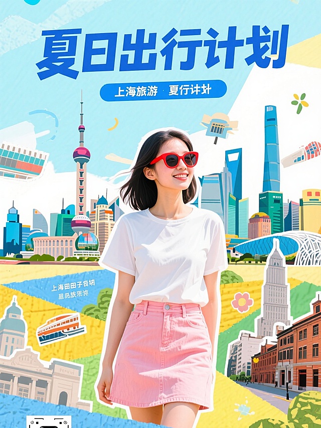 大标题居中“夏日出行计划“，一个漂亮的女生在上海旅游打卡，背景是上海旅游名胜，写实人像，人像周围有描边，周围有景点元素点缀，拼贴风