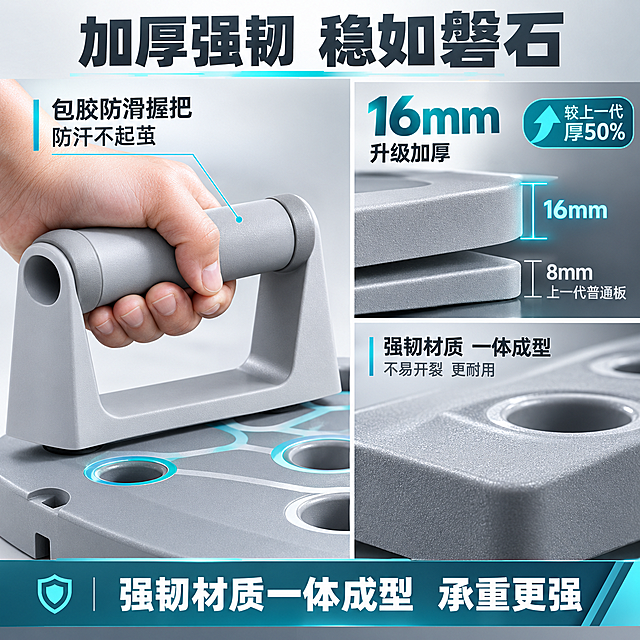 [主图-3] 材质工艺细节图，主题为加厚16mm强韧板面+包胶防滑握把，展示产品高品质细节。
[统一基调] 整体风格为专业健身商业摄影风，浅灰渐变背景配青蓝色科技强调色，标题字为粗黑大字深灰色，辅助字为中灰色，强调色为青蓝色，字体为现代无衬线粗体，字号层级分明，整体满版高信息密度构图。
[画面] 画面左侧为超大特写的包胶握把局部，占画面约45%，展示握把的柔软包胶材质、防滑纹理和手部握持的舒适感，一只手自然握住握把展示握持方式。画面右侧上下分两部分：上方是板面厚度对比特写，用剖面视角展示16mm加厚板面与8mm普通板的厚度对比，有尺寸线标注；下方是板面材质细节特写，展示强韧材质一体成型的质感。产品外观与输入图一致：灰色主体、包胶握把、磨砂板面。
[光影质感] 商业微距摄影质感，细节锐利，包胶材质有柔软哑光质感，塑胶板面有细腻颗粒感，厚度对比处有清晰边缘高光，整体光影干净突出材质。
[配色] 背景浅灰到深灰渐变，主体灰色，厚度对比用青蓝色高亮标注线，握把特写有柔和高光，整体冷调专业。
[文字版式] 顶部主标题"加厚强韧 稳如磐石"。左侧握把旁标注"包胶防滑握把 防汗不起茧"。右侧厚度对比旁大字"16mm"配小字"升级加厚"，下方标注"较上一代厚50%"。底部横条"强韧材质一体成型 承重更强"。文字放在负空间，不遮挡核心细节。
[输出要求] 比例1:1，2048x2048，细节清晰锐利，材质质感真实，文字清晰，无变形无错字，无水印无平台Logo，手部形态自然无畸形。
