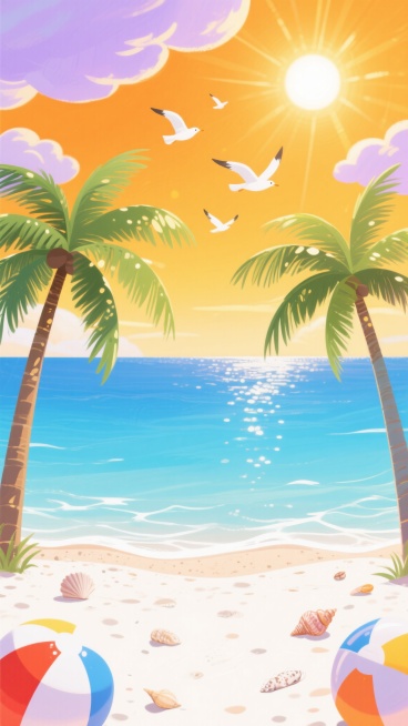 一幅充满夏日氛围的海边插画，整体采用明亮鲜艳的色彩风格，以温暖的橙黄色为天空主色调，搭配淡紫色的云朵和金色的阳光。画面下方是白色的沙滩，点缀着贝壳和彩色的沙滩球。中间是渐变的蓝色海水，波光粼粼。左侧和右侧各有一棵高大的绿色椰子树，枝叶向画面中央伸展。天空中有几只白色的海鸥在飞翔，阳光透过树叶洒下斑驳的光影，营造出轻松愉快的氛围。预览效果