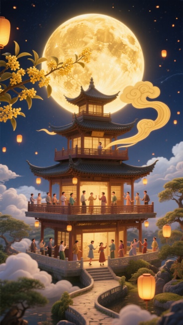 暖金色调，顶部设超大暖金圆月；圆月前点缀桂花枝，中下层借 S 型祥云贯穿，分层错落排布中式楼阁（上层小阁、中层主阁、下层复阁 ）；人物层于楼阁平台和云间小径点缀游园群像，背景明亮夜空，点缀小灯笼预览效果