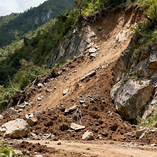 地质灾害滑坡场景实拍图，山体岩土整体向下滑动，户外山区场景，自然写实风格，通俗易懂科普配图
