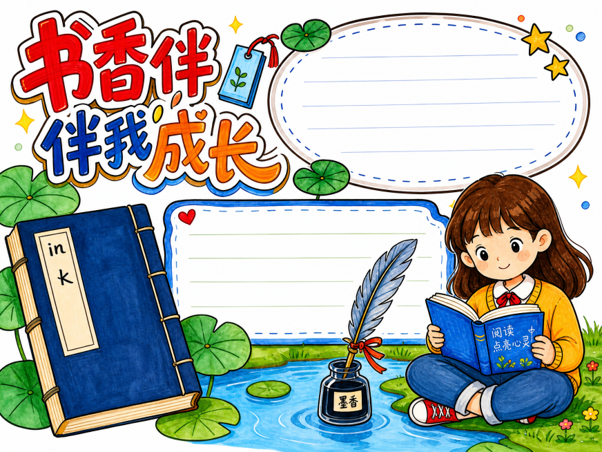 修改画面，将小女孩改成盘腿坐在河边草地上，保持书香伴我成长手抄报版式、古籍书和荷叶元素，整体强化马克笔手绘风格，保持横版白底预览效果