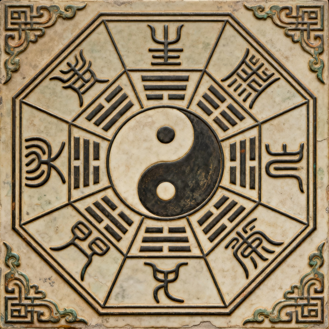 中国传统文化中的先天八卦示意图，中心为阴阳太极图案，外围按照先天方位排列八个基本卦象符号，采用传统中式装饰风格，线条清晰，配色古朴沉稳预览效果