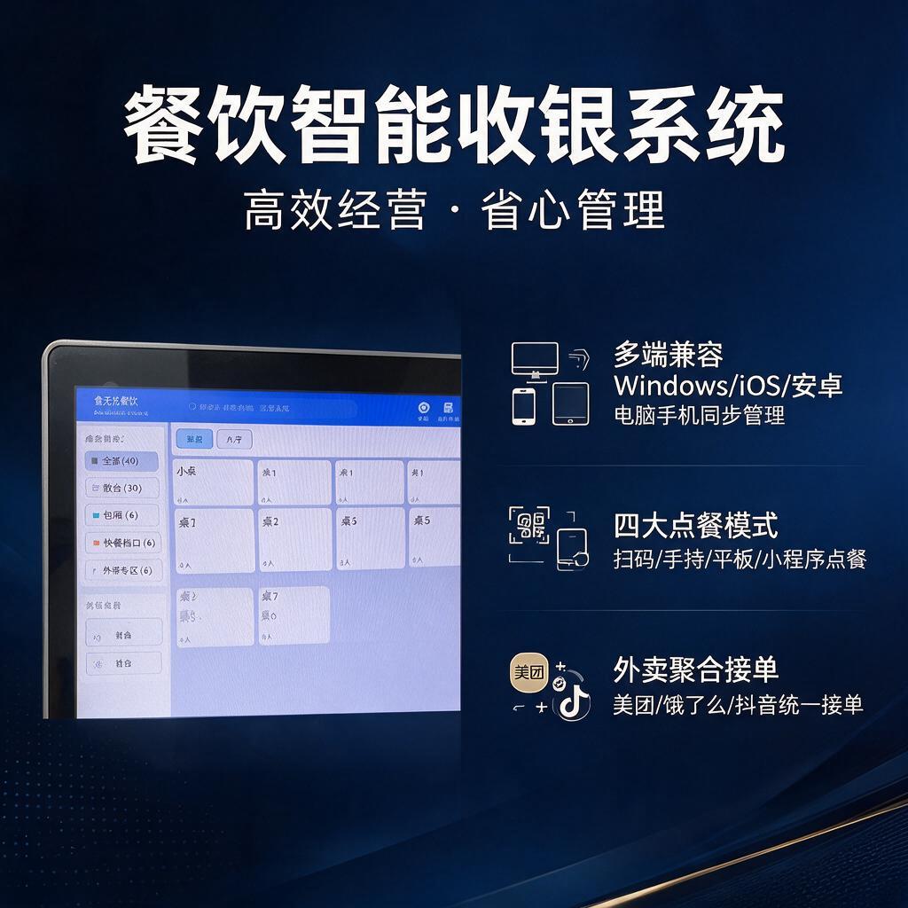餐饮收银系统投流广告图第2张（功能卖点图），与第1张同款深蓝色… - 图片创意预览