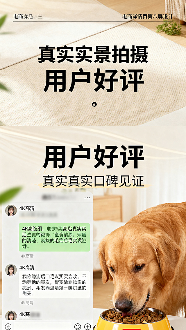 电商详情页第八屏，主文案"用户好评"，副文案"真实真实口碑见证"，主文案居中放大粗黑字体，副文案在主文案下方纤细浅色，左侧遮挡隐私的用户好评截图，右侧金毛犬食用后毛发亮泽的实拍场景，排版规整主次分明，好评关键词突出，真实实景拍摄风格，4K高清，截图清晰，场景自然，字体清晰，色彩柔和