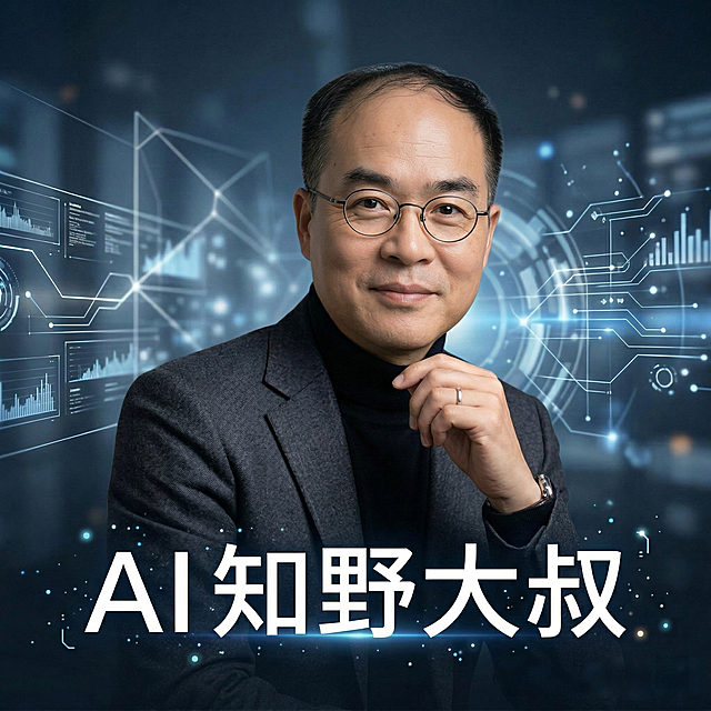 将第一张图片中的人脸替换到第二张图片的人脸位置，保持第二张图片整体构图、科技背景、文字'AI知野大叔'、人物着装和姿态不变，融合自然