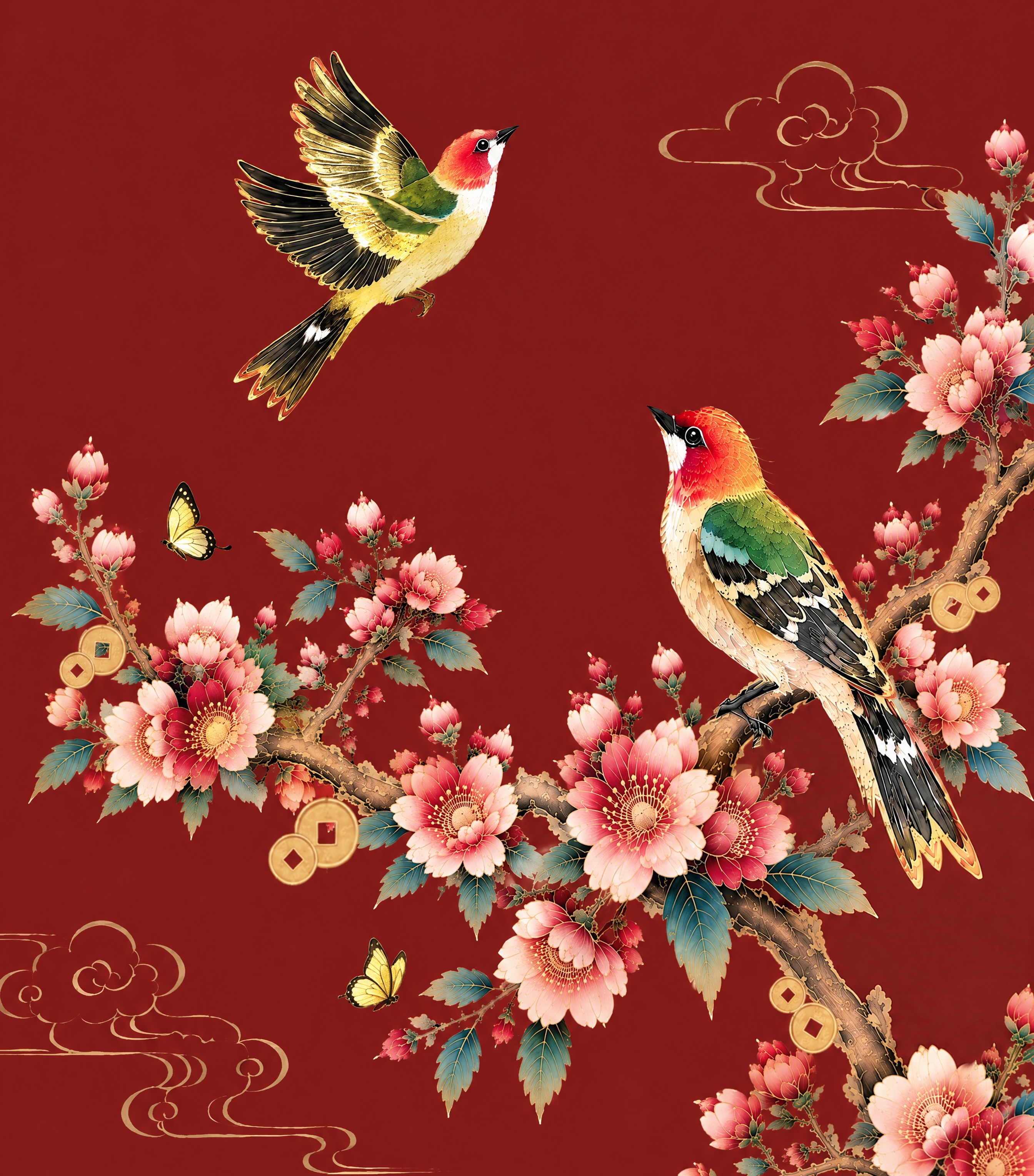将画面中两只蝴蝶的黄色翅膀部分改为真实的烫金工艺效果，呈现金属… - 图片创意预览